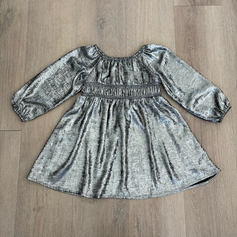 Old Navy Kids Girls Dress 3T Silver Shiny Metallic Long Sleeves Party NYE